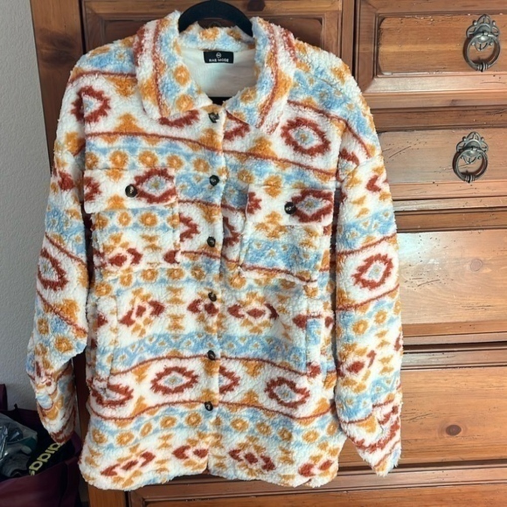 AZTEC SHERPA PRINT BUTTON FUR  SHERPA JACKET ORANGE BLUE NWOT